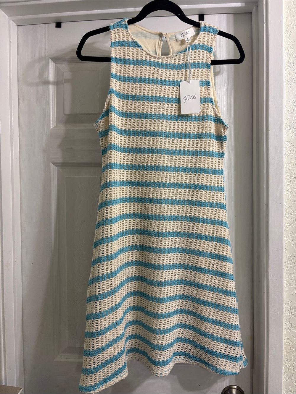Gilli Cream and Teal Striped Knit Sleeveless Dress